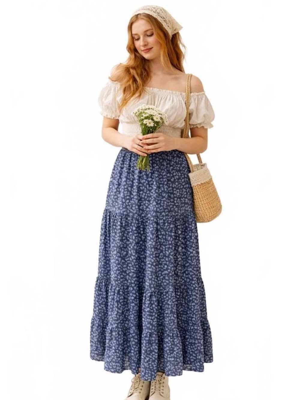 Aerie Blue Leopard Print Tiered Maxi Skirt